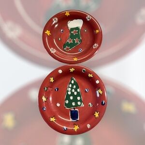 2 Vintage Gibson Red Christmas Plates. salad, appetizers. Tree & Stocking.